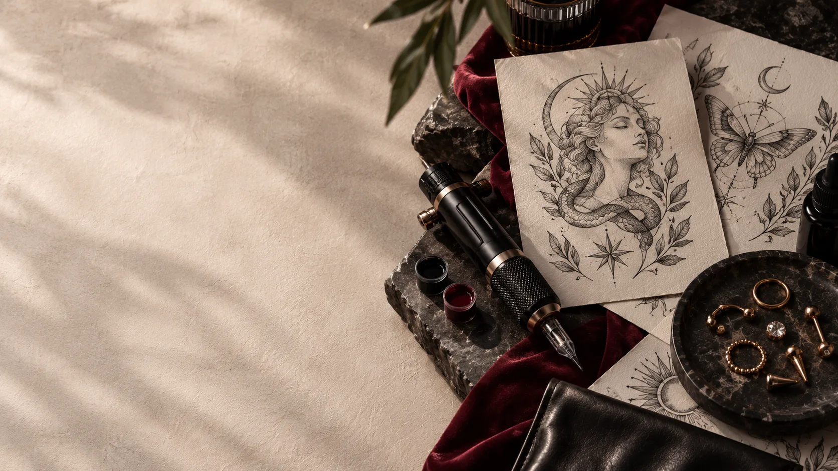 Mesa de estúdio: máquina de tatuagem, tintas, desenhos e joias de piercing