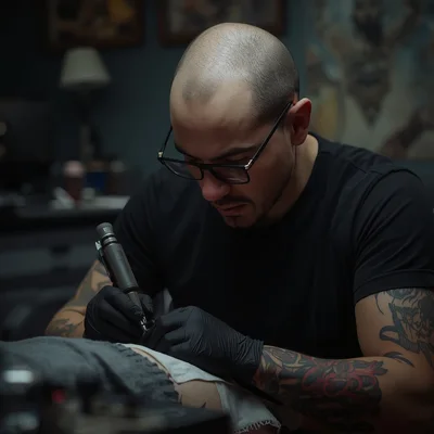 Tatuador trabalhando no estúdio