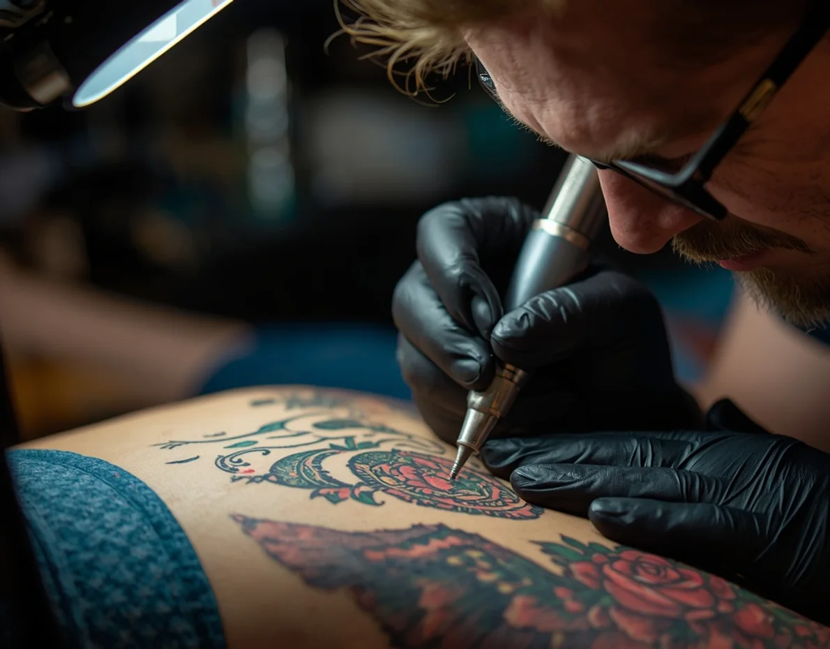 Tatuador no estúdio, entre o desenho e a máquina