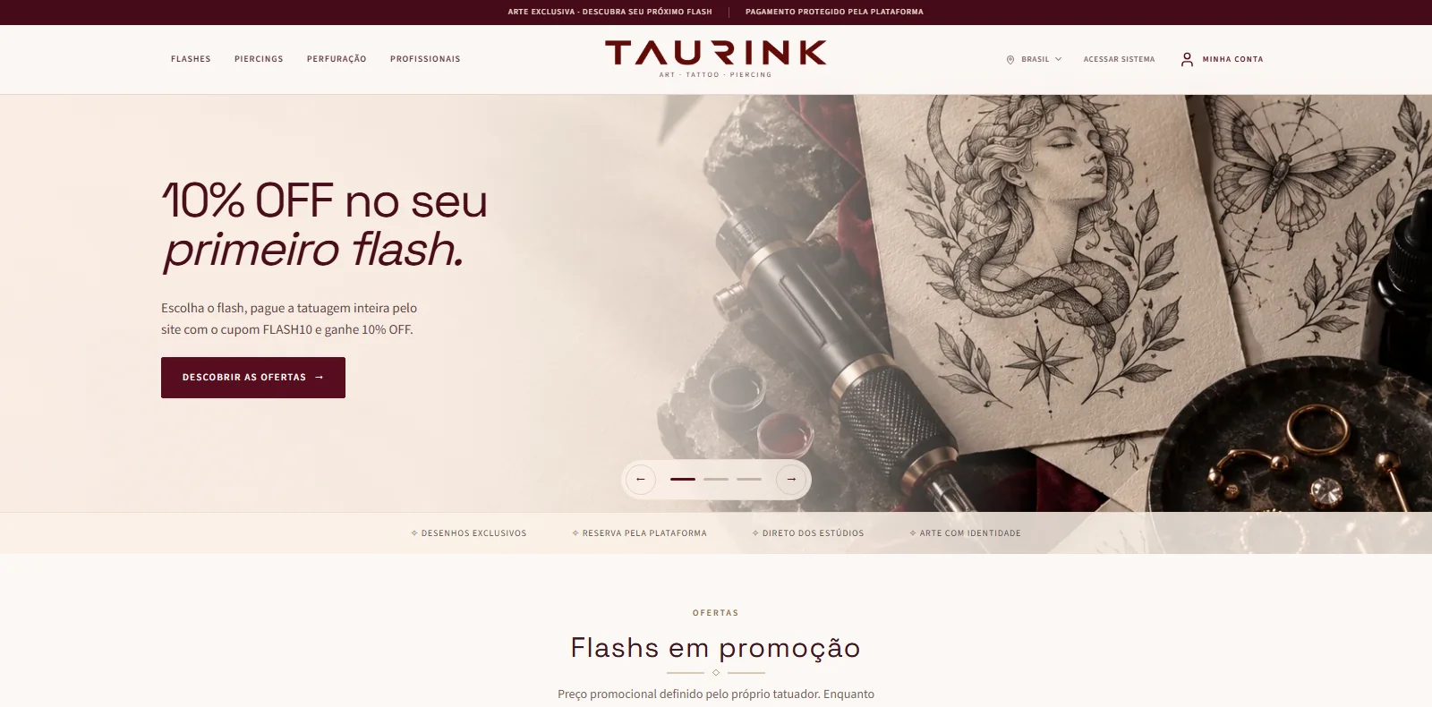 A página inicial do marketplace TaurInk, com a vitrine de flashes