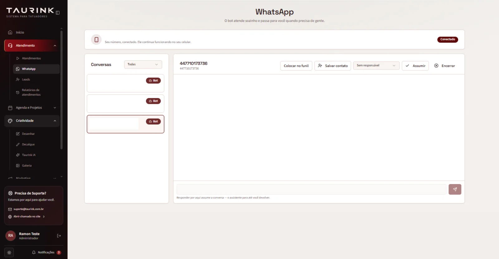 O WhatsApp do estúdio dentro da TaurInk, com o assistente respondendo